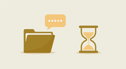 Document Processing Time or Data Loading Concept. Illustration of document processing time with a file folder, hourglass, and empty speech bubble. Conveys pending tasks or loading status.