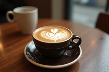 Obraz premium A frothy cappuccino in a ceramic cup with latte art, styled on a cozy café table with a blurred background