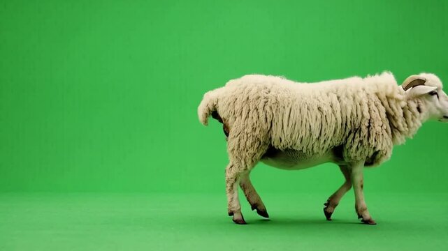 A sheep standing on a green screen with white wool and small horns looking to the right side green screen animal video