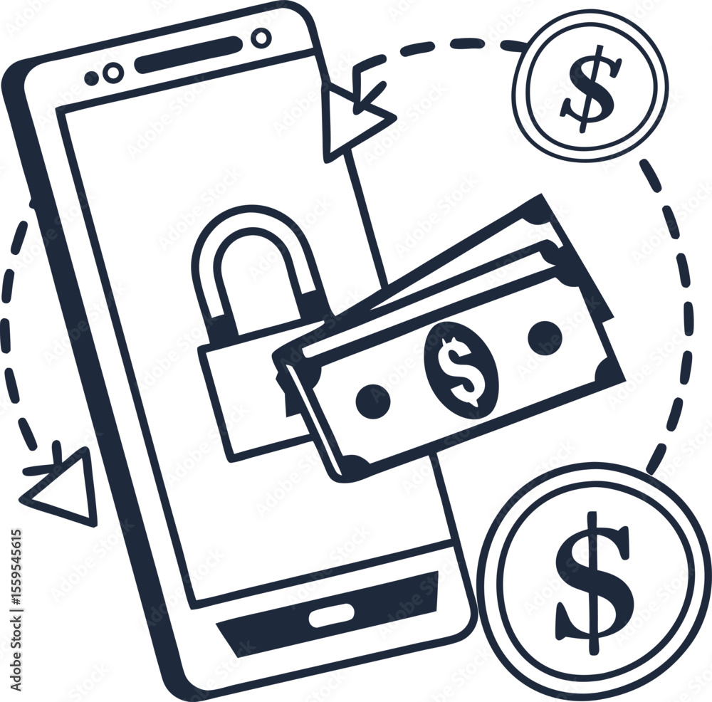 Poster secure mobile payment transaction with padlock and currency symbols on a smartphone representing dig