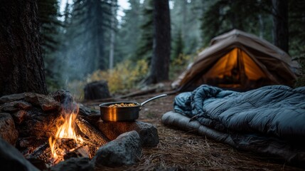 Cozy Camping Scene with Fire and Cooking Pot in Forest Setting