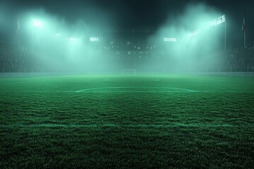 Fototapeta premium A stadium at night, lit by bright lights, field in focus, fog, and spectators