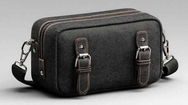 Black textured camera case with zipper and strap mockup, displayed on neutral background for professional product packaging or photography gear visuals 