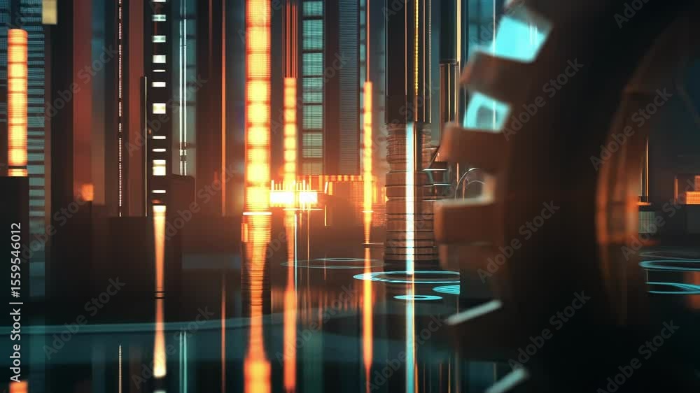Poster rotating large gears in a futuristic cyberspace environment feature digital rain in the background a