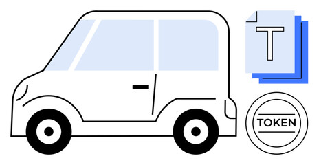 Minimalist car with stacked text sheets and circular token icon. Ideal for technology, transport, innovation, finance, education, automation, and simple landing page