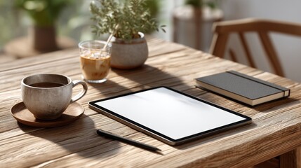 Cozy Workspace with Tablet, Coffee, and Notebook on Wooden Table