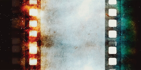Vector seamless pattern, Grunge filmstrip with empty dusty frames or cells and nice texture on the border, fluffs on film material, real film grain texture, light leaks scratches dust old film