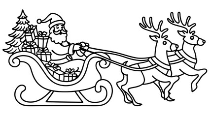 One Line Drawing of Santa Claus with Reindeer