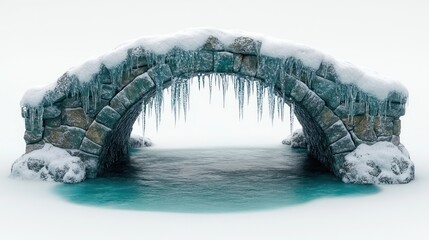 Frozen stone arch bridge covered in snow and ice