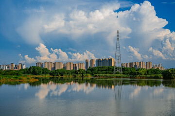 Lakeside city and magnificent cloudscape