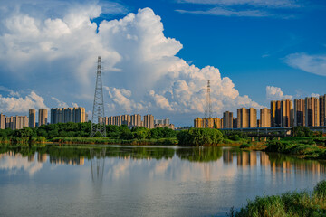 Lakeside city and magnificent cloudscape
