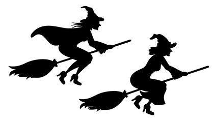 Set Of Flying Witch Silhouettes on Broomsticks