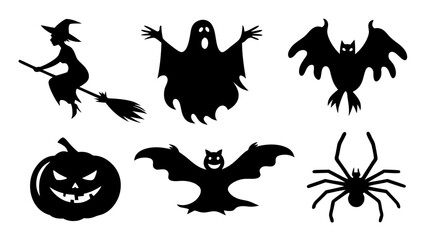 Set of Halloween silhouette collection elements on tranparent background