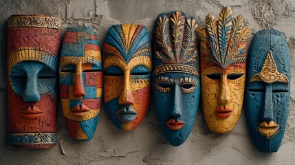 Colorful African Masks on Wall Decorated with Intricate Patterns and Designs