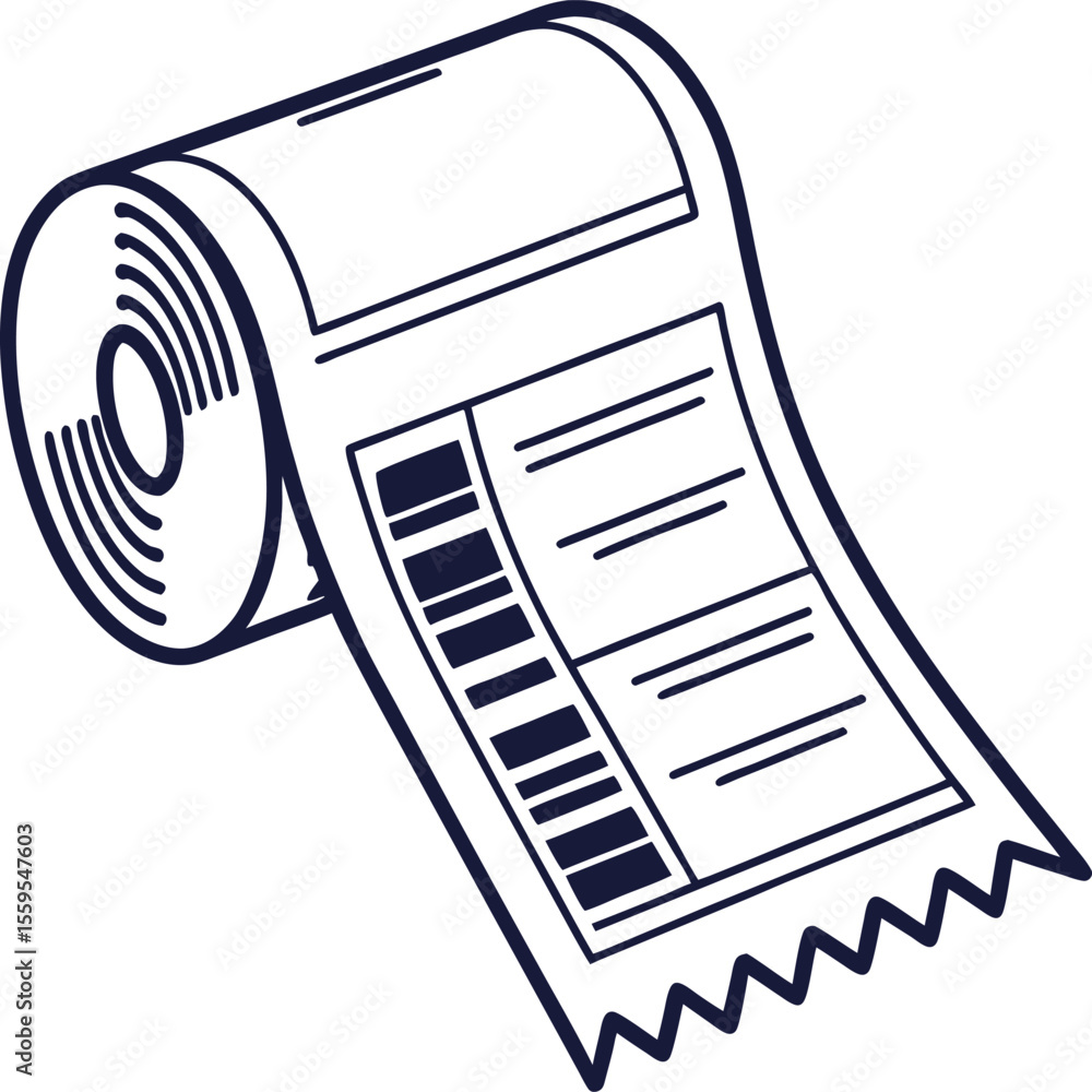 Poster a simple hand drawn outline illustration of a receipt roll with a barcode and lines of text on a whi