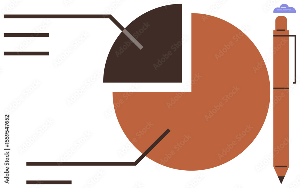 Poster pie chart with segmented sections, connecting lines, and a pen denoting data analysis. ideal for ana