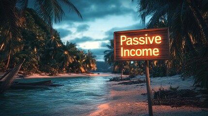 A glowing "Passive Income" sign floating over a peaceful beach scene