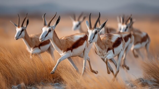 Group of Antelopes Running in a Golden Grassland at Sunset