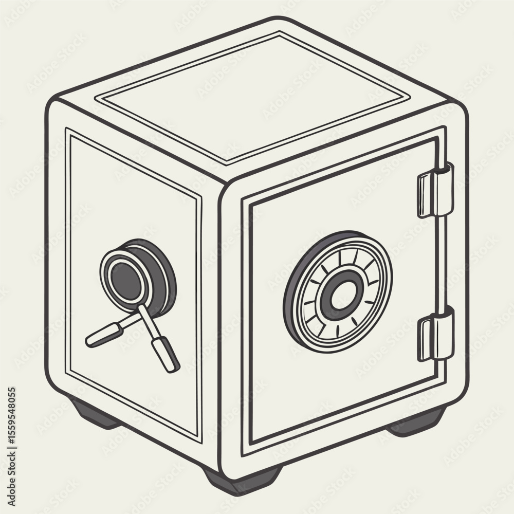 Poster a vintage style isometric line art illustration of a secure metal safe with a combination lock and a