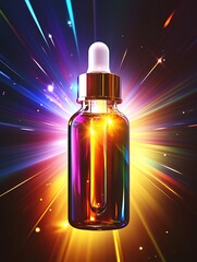 Naklejka premium Glass dropper bottle with golden cap filled with colorful liquid against a vibrant light burst background