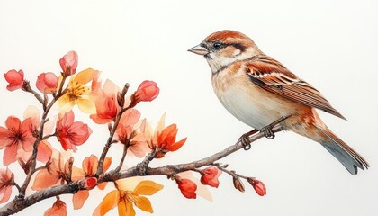 Sparrow perched on flowering branch