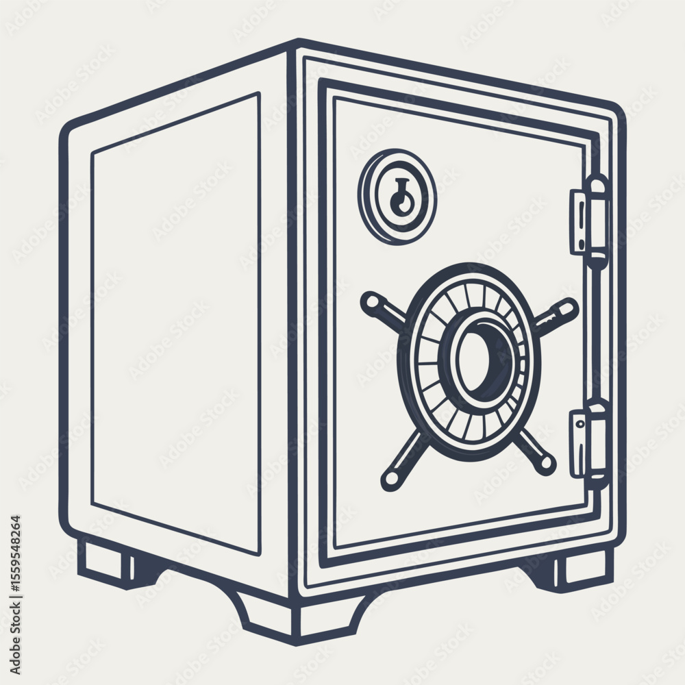 Poster a stylized illustration of a classic bank vault with a combination lock and a keyhole rendered in a 