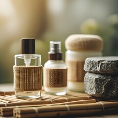 Isolated pink spa still life with a bottle of perfume, brush, and flowers, highlighting health and beauty care products