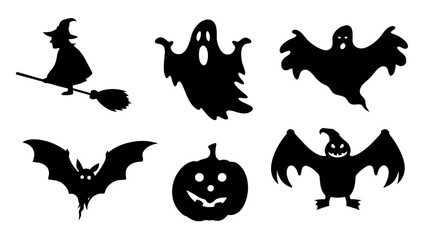 Set of Halloween silhouette collection elements on tranparent background