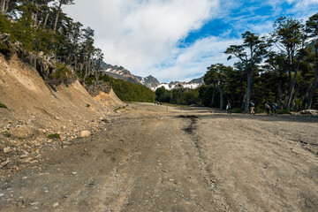 Hiker’s perspective looking up at the glacier’s towering ice walls