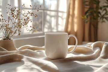 White mug mockup on beige fabric with window and dried flowers

