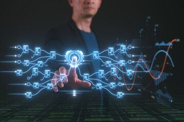 Businessman pointing at diagram Document Digital transformation technology, IoT, internet of things. transformation of ideas adoption of technology in business enhancing global capabilities. Ai