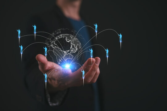 customer service, social media. digital marketing CRM concept Customer Relationship Management, Businessman hold icon with global structure customer network technology, Data exchanges development