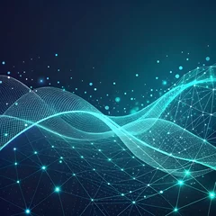 Gordijnen Abstract digital wave with glowing network nodes and grid lines.   © Mahannan