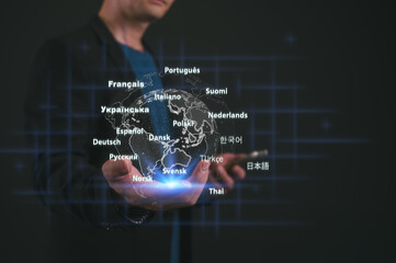 Global communication a Man holding virtual glob with Translator app, translation or translate on...