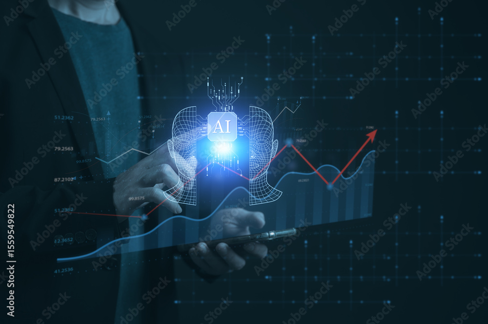 Aufkleber businessman holding smartphone working analysing data chart and ai bot tech in concept of ai technol