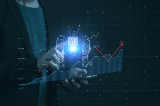 Businessman holding smartphone working analysing data chart and Ai bot tech in concept of Ai technology transformation global communication network