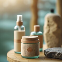 A close-up still life shows a needle near a bottle of water, surrounded by white spa and beauty products in glass containers, evoking health and relaxation