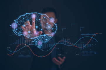 Businessman touching ai brain icon working analysing data chart and Ai bot tech in concept of Ai...