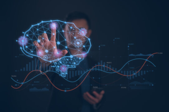 Businessman touching ai brain icon working analysing data chart and Ai bot tech in concept of Ai technology transformation global business network