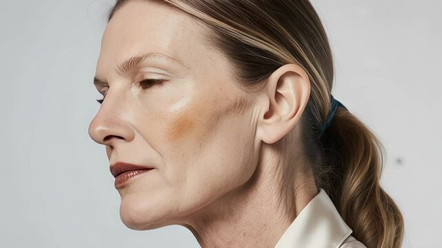Profile of a mature woman with highlighted cheekbones and styled hair