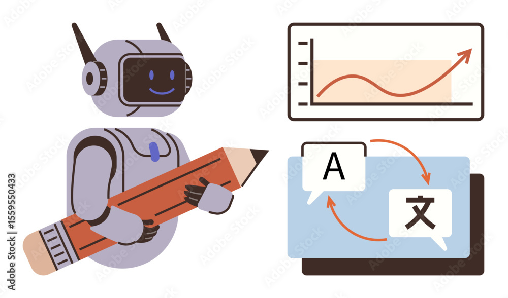 Poster robot holding a pencil beside a rising performance chart and a screen showing language translation p
