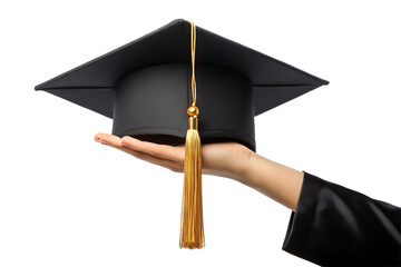 Hand holding a black graduation cap with a gold tassel isolated on transparent background