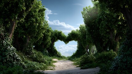 Romantic landscape of heart shaped nature green forest path love in nature canopy heart sky