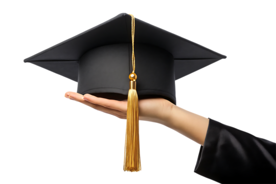 Hand holding a black graduation cap with a gold tassel isolated on transparent background