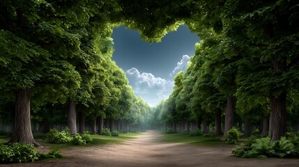 Romantic heart shaped nature path in green forest love in nature landscape with canopy heart sky