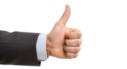 Hand in suit giving a thumbs up gesture against plain backdrop on transparent background