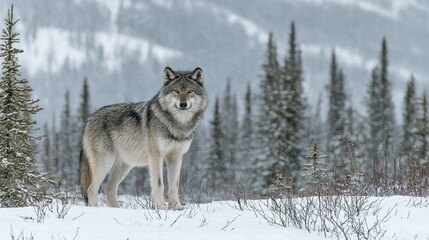 Gray wolf stands alert in a snowy winter forest.