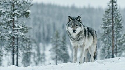 Naklejka premium Gray wolf standing in a snowy forest.