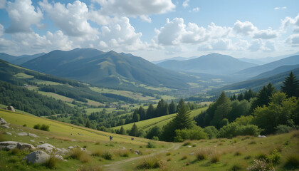 Mountain Landscape with Forested Slopes, Rolling Hills, and Blue Sky – Scenic Nature Panorama