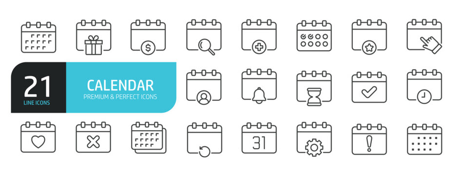 Set of line icons related to calendar, time, schedule. Outline icons collection. Editable stroke. Vector illustration